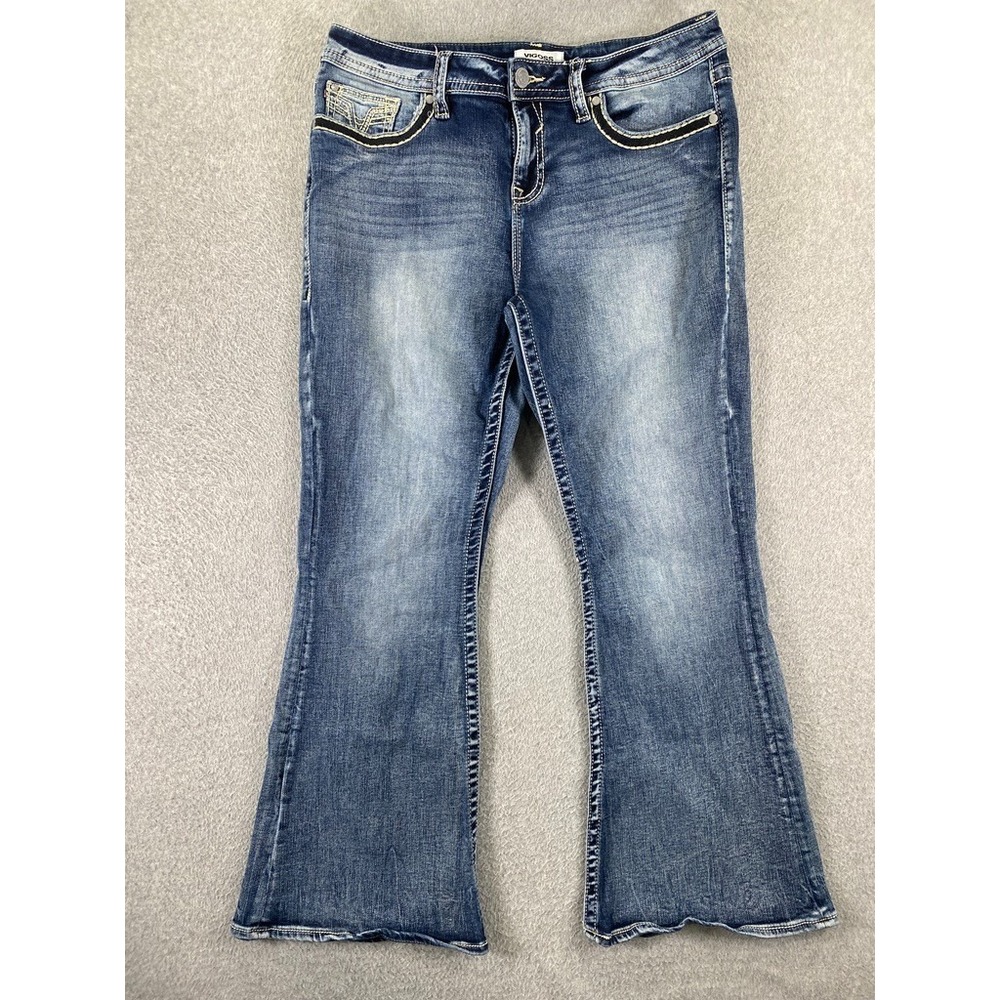 Vigoss Jeans Womens Size 14 Flare Embroidered Thick Stitch Mid Rise Denim